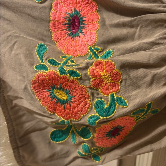 Umgee Tan Peasant Blouse with Orange Floral Embroidery and Fringe - Picture 3 of 4